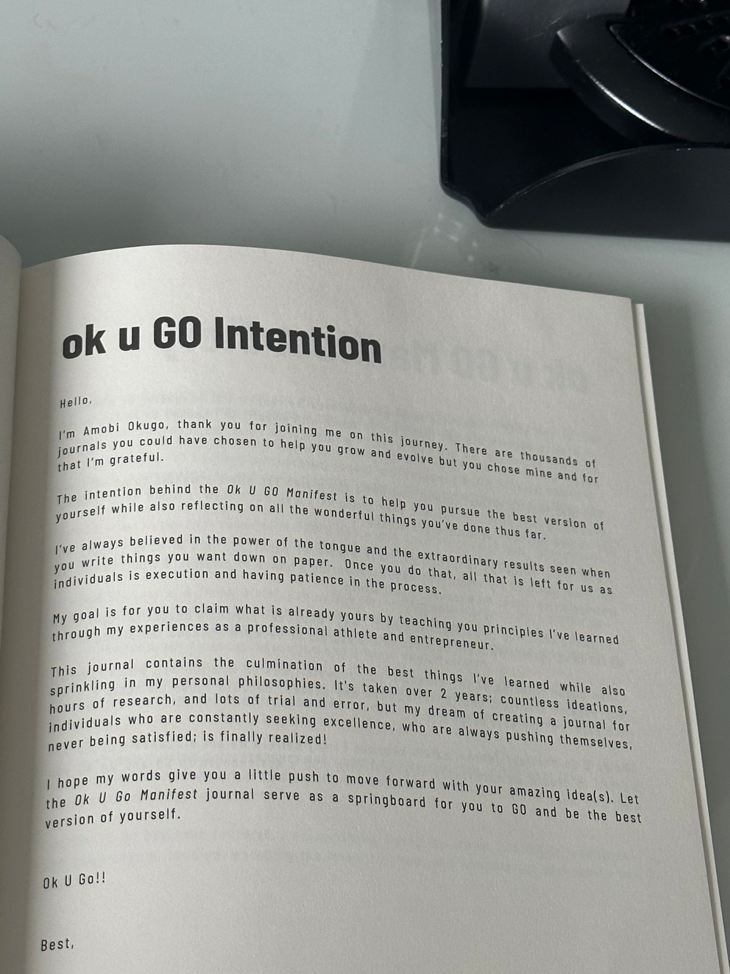The Intention page of The "Ok U Go Manifest 90 Day Journal" by Amobi Okugo.