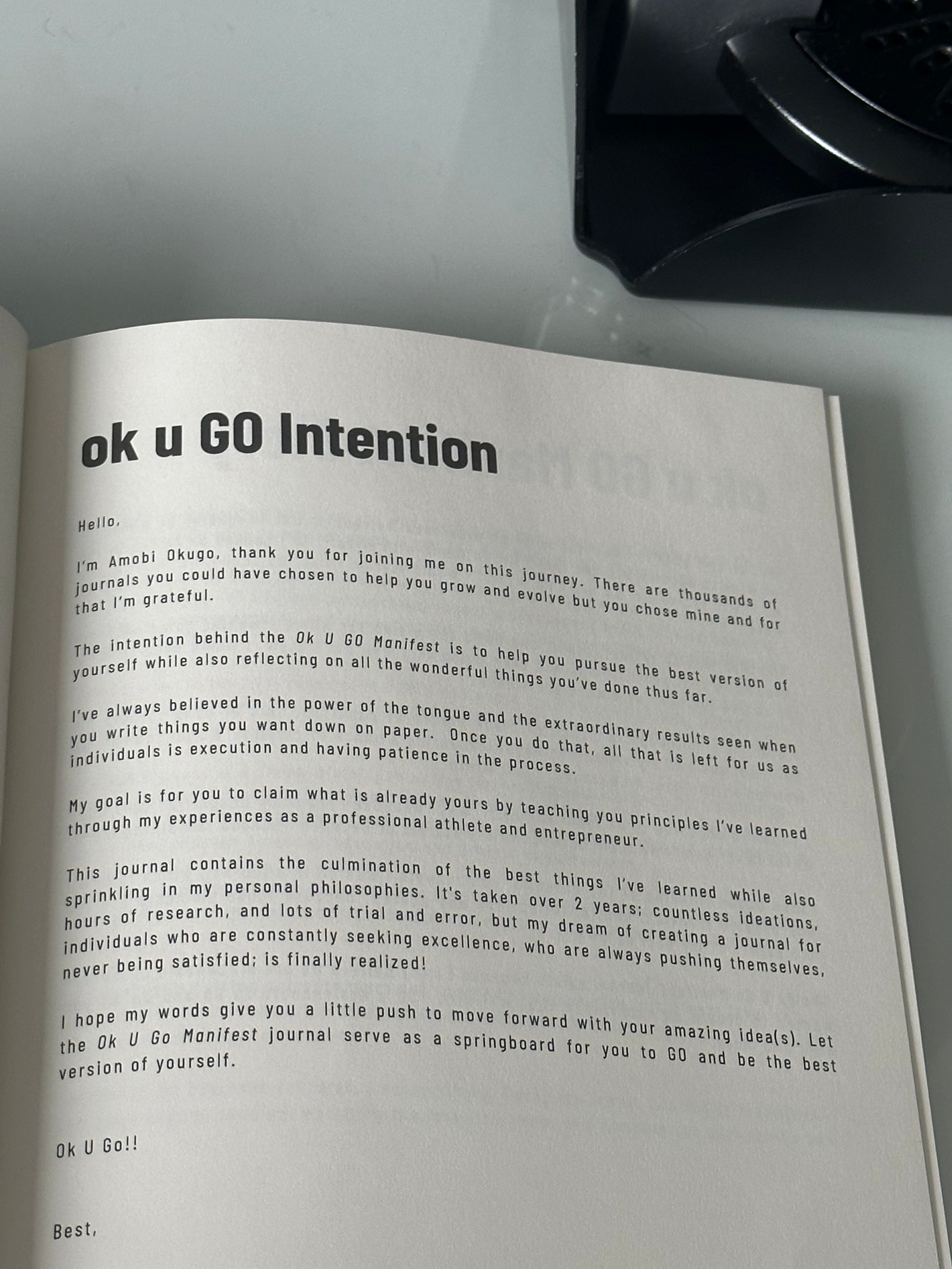 The Intention  page of The "Ok U Go Manifest 90 Day Journal" by Amobi Okugo.